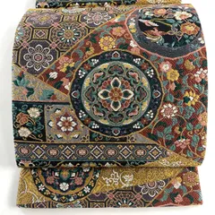 【美品】 袋帯 名品 鏡裏文 花鳥 金糸 刺繍 黒 六通 正絹 【中古】