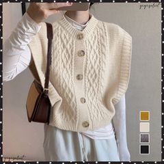 ニットベスト レディース秋冬 ニットジレ前開き チョッキ トップス フレンチスリーブ レイヤード風 重ね着 お洒落 ケーブルニット きれいめ 体型カバー 無地ノースリーブニット カジュアル 韓国風 やや短め 春秋冬