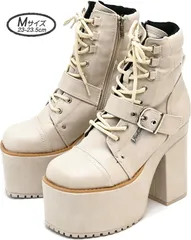 ☆新品未使用☆ Ｍサイズ 23cm-23.5cm ヨースケ YOSUKE 厚底ブーツ レディース アイボリー 厚底 ショートブーツ レースアップブーツ 編み上げブーツ 約13cmヒール    MY1063-446