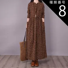 種類8：ネイビー/2XL ワンピース ワンピドレス 膝下 ロング ロング丈 袖あり 長袖 ラウンドネック 襟なし スタンドカラー Aライン ポケット かわいい 大人可愛い シンプル カジュアル おしゃれ レトロ アジアン エスニック エキゾチック 大人女子 ラ