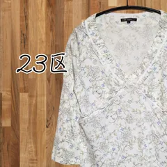 USED 23区 ブラウス 7分袖 花柄 白 薄手 Lサイズ オンワード樫山 古着 レディース