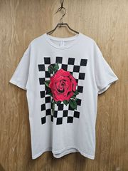 【US古着】Rose Checker Pattern T-shirt |  薔薇 ローズ チェッカー 市松模様 プリント ストリート 半袖 Tシャツ ホワイト L