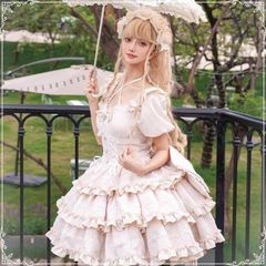 ロリータ ベージュグリーンのレースフリルリボンスカートワンピース