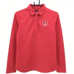 【超美品】キャロウェイ 長袖ポロシャツ レッド エッフェル塔総柄 織生地 刺しゅう レディース L ゴルフウェア Callaway