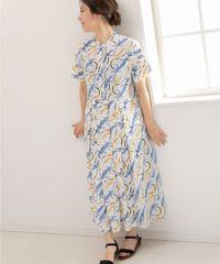 匿名配送【新品・未使用】ホワイト L バンドカラーシャツ アートプリント半袖ワンピース