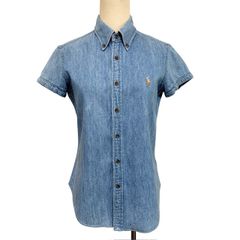 中古 ラルフローレン RALPH LAUREN 半袖 ボタンダウン デニム シャツブラウス クリーニング済み ブルー 90s レディース サイズ9