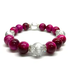 12mm 四神獣銀彫水晶×ピンクタイガーアイ パワーストーン ブレスレット天然石 運気上昇 開運  [l] 恋愛運 お守り 青龍 白虎 玄武 朱雀 （シルバー）メンズ・レディース　男性・女性　数珠ブレス　開運  [l] 