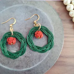 深緑の相生結びと赤い煌めき　水引ピアス・イヤリング　 和モダン