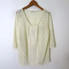 アースミュージック&エコロジー EARTH MUSIC & ECOLOGY カットソー プルオーバー シフォン シアー 花柄 レース ラウンドネック 7分袖 M オフ白 ホワイト アイボリー