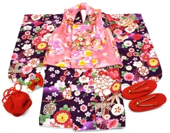 七五三 女の子 3歳用 着物フルセット（紫 × ピンク × 華やか花柄）