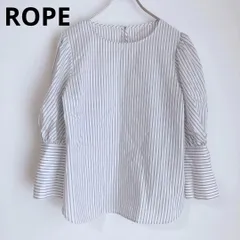 ロペ　ROPE　長袖ブラウス　カットソー　シャツ　ストライプ　総柄　綿混　日本製　ホワイト　きれいめ　オフィス　大人カジュアル　サイズ38　Mサイズ