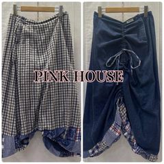 PINK HOUSE ピンクハウス スカート ロングスカート リバーシブルデニムスカート パッチワーク ギャザー バルーン チェック ペイズリー ブルー系 P014OFS12