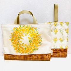 レッスンバッグ　上靴いれ　入園入学セット　黄色　花柄　ミモザ　図書バッグ　上履き