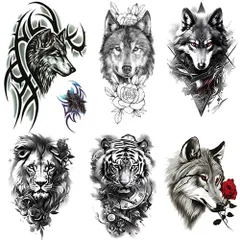 【新着商品】Yesallwas タトゥーシール トライバル 狼 （オオカミ）赤 薔薇 羽、トライバル ハート、トライバル トカゲ 、ライオン 大判 6枚セット タトゥーステッカー ボディーシール 刺青シール 防水 子供 レディース 腕、足、体、胸、肩、背中に簡
