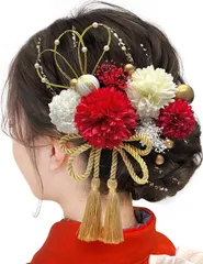 【数量限定】結婚式 卒業式 和装 水引 振袖 飾り かすみ草 着物 袴 造花 浴衣 七五三 手作りかわいい ドライフラワー 紐 白 ピンポンマム 髪飾り【12色展開】 F3710 成人式 [JZOON]