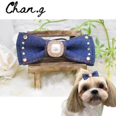 キラキラステッチデニムリボン(スクエア)／　犬　犬用リボン　リボン　バレッタ　ヘアアクセサリー　トリミング　　トップノット　ベビー　キッズ　Chan.g. チャンジー