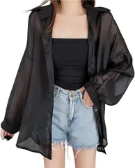 OZBERLI レディース シアー シースルー シャツ トップス ブラウス 長袖 透け UV カット 体型 日焼け カバー 薄手 韓国 羽織 夏 春 カーディガン 秋 冷房 対策 カジュアル おしゃれ お洒落(ブラック,  Free Size)