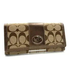 ■極美品■COACH コーチ　シグネチャーキャンバス×レザー　長財布　ロングウォレット　ヘリテージ　ロゴ金具　ベージュ×ブラウン　シルバー金具　レディース