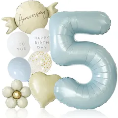 【新品】 deerzon くすみブルー 5歳 くすみカラー 誕生日 飾り付け 10点 セット 大きい 65cm くすみ ニュアンスカラー ナンバーバルーン バースデー 0
