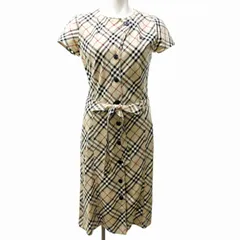 バーバリーブルーレーベル BURBERRY BLUE LABEL ホースロゴ刺繍 ノバチェック シャツ ワンピース ひざ丈 ベルト付 バーバリーチェック 総柄 ベージュ 38 約M 0608 IBO73