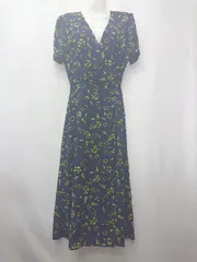 ◇ ⊂ SLY スライ 総柄 カシュクール ラップ巻き 半袖 膝下丈 ワンピース サイズ2 ネイビー イエロー系 レディース E  【1507230002754】