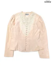 古着 CHERYL KAYE パールボタン パフスリーブ アメリカ製 フラワー刺繍レース 前開き コットン 長袖 ブラウス サーモンピンク (ttu2503082)