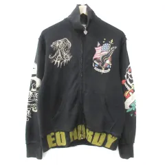 エドハーディー Ed Hardy ブルゾンジャケット スウェット ミドル丈 スタンドカラー ジップアップ ロゴ プリント マルチカラー S チャコールグレー 白 ホワイト /FF16 ■GY01のサムネイル