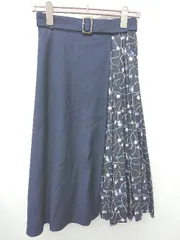 ◇ Θ NATURAL BEAUTY BASIC ウエストベルト　切替　サイドプリーツ 膝下 フレア スカート サイズM ネイビー レディース P  【1409250015397】