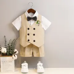 ☆ ベージュ ☆ 130cm ☆ 子供スーツ5点セット フォーマルスーツ 男の子 ベストスーツ 男の子 5点セット 子供スーツ キッズフォーマル ベビーフォーマル おしゃれ かわいい ハーフパンツ 半ズボン 上下 セットアップ 発表会 演奏会 入園式 入学式
