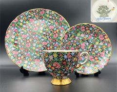 【希少】英国タスカン ティートリオ（カップ・ソーサー・プレート）百花繚乱 咲き誇る花々 金彩 M002