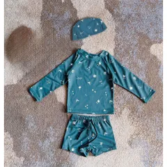 ☆ マリン×ダークグリーン ☆ 110cm ☆ ベビー キッズ 水着 セパレート 帽子付き UVカット gsw6041 子供 水着 男の子 ラッシュガード スイムウェア 長袖 上着 ベビー水着 おしゃれ 短パン 半ズボン トランクス セパレート 紫外線対策