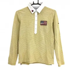 トミーヒルフィガー 長袖ポロシャツ マスタードイエロー×白 ボーダー ダイヤ柄地模様  レディース L ゴルフウェア Tommy Hilfiger Golf