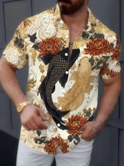 和柄 牡丹と夫婦鯉 プリント 半袖シャツ アロハシャツ 324 ベージュ 花柄 ヤクザ ヤンキー オラオラ系 ストリート HIPHOP B系 ホスト 服 メンズ ファッション