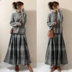 セットアップ レディース 即購入OK ハイネック ニットセーター 長袖 ロングスカート チェック柄 ロング丈 セットアップ 体型カバー ゆったり シンプル カジュアル  おしゃれ かわいい 秋 冬 通勤 通学 xzzhang709