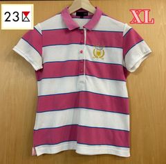 23ku Sports Women's Short Sleeve Polo Shirt with Pink and White Stripes, Golf Wear, Size XL