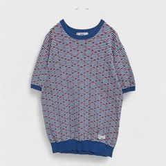 【美品】パリサンジェルマン【PARIS SAINT-GERMAIN by EDIFICE】『エディフィス× パリサンジェルマン 』[総柄チュニックニット] ニットセーター ブルーレッドホワイト系 大きいサイズ (4L) 商品E2368 管理C