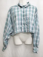 ◇ Θ WHO'S WHO gallery チェック柄 ショート丈 長袖 シャツ サイズF ターコイズグリーン ホワイト グレー系 レディース P  【1408200036963】