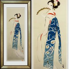 版画　竹久夢二 「扇を持つ舞妓」 リトグラフ　額付き　たて長の絵　美人画　大正ロマン　着物の女性　彦乃　たまき　お葉　竹久　夢二　Yumeji 【YE386】