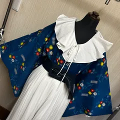 和洋折衷コーデセット｜藍地に花柄の華やか羽織コーデ 白フリルブラウス×プリーツスカートの爽やかセット
