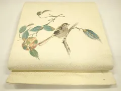 平和屋着物●九寸開き名古屋帯　手描き　枝葉文　雀　金彩　正絹　逸品　DAAY8229cm