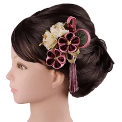 髪飾り 成人式 つまみ細工 赤 ゴールド 振袖 前撮り 袴 花 ピンク 赤紫 ワインレッド 白 ちりめん 房 組紐 ビーズ 小さい 2点 No.9-5618