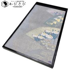 夏帯 袋帯 紗 地紙に花模様 菖蒲 桔梗 朝顔 金銀糸 水銀色 O-5287