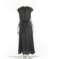 スローブ イエナ SLOBE IENA  シャツワンピース シアー ロングワンピース ランダム ドット柄 バンドカラー 水玉 シフォン ウエストベルト マキシ フレア ノースリーブ M 38 黒 ブラック 白 ホワイト