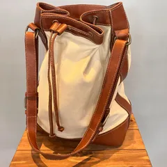 90's POLO Ralph Lauren ポロ ラルフローレン ワンショルダーバッグ ヴィンテージバッグ 巾着 レザー × キャンバス オフホワイト ブラウン