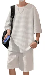 セットアップ ワッフル メンズ 上下セット 半袖 トップス ハーフパンツ ルームウェア スポーツ カジュアル 部屋着 クルーネック ウエストゴム テクスチャ ゆったり 3カラー せっとあっぷ ストリート 系 ワンマイルウェア 大きい 大 [ホワイト] [XL]