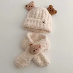【２点セット】マフラー＆帽子セット　ふわふわ　くまさん　ベビー　キッズ　防寒　マフラー　ニット帽　耳付き
