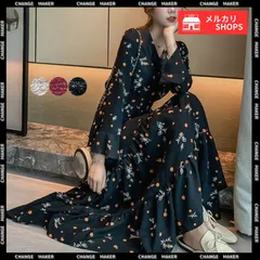 ティアードワンピース 長袖 ロングワンピ レディース 春秋夏 花柄 カシュクールワンピース 韓国風 Vネック オルチャン フレアワンピース Aライン ハイウエスト きれいめ フラワーワンピース 体型カバー シフォン リゾート風 可愛い CH1YDG-005