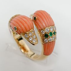 【中古】Van Cleef & Arpels ヴァンクリーフ＆アーペル 珊瑚　ダイヤモンド　エメラルド　ドゥカナードリング 　あひるのデザイン　750YG