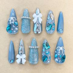 【ハンドメイド】ネイルチップ  推しネイル 水色 マグネット ※オーダー不可