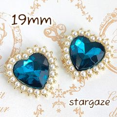 【 3個 】 19mm ハート パール付き センターパーツ ストーン ビジュー カボション インディゴ×ゴールドフレーム